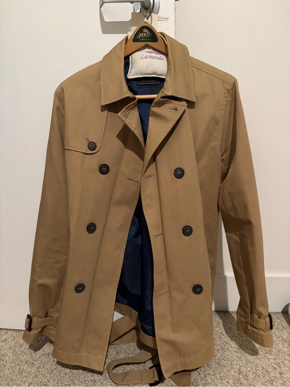 Topman Khaki Double-Breasted Trench Coat with Navy Lining